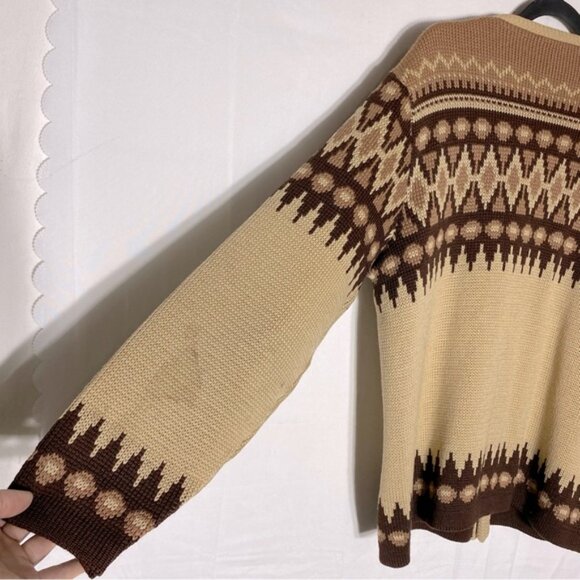 Vintage White Ram Tan Brown Fair Isle Virgin Wool Knit Button Up Cardigan M - Picture 11 of 16